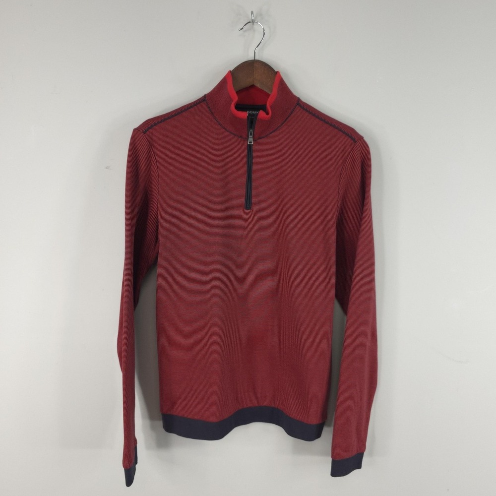 BOSS Hugo Boss Sweater Mens Small Red Striped 1/4 Zip Mock‎ Neck Cotton Knit